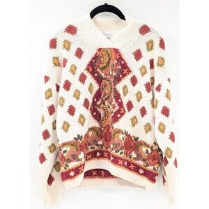 Knitted By Hand Jennifer Reed Vintage Chunky Knit Paisley Cottage Sweater M/L